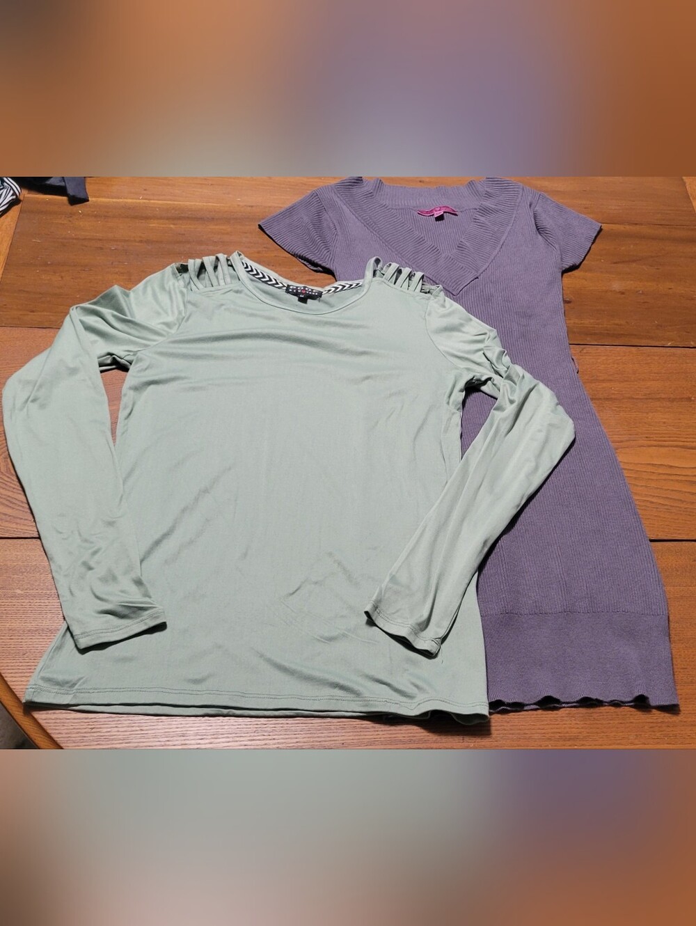 Sage/Mint Green Long-Sleeve Top w/ Ladder Shoulder Detail & Grey Sweater Dress